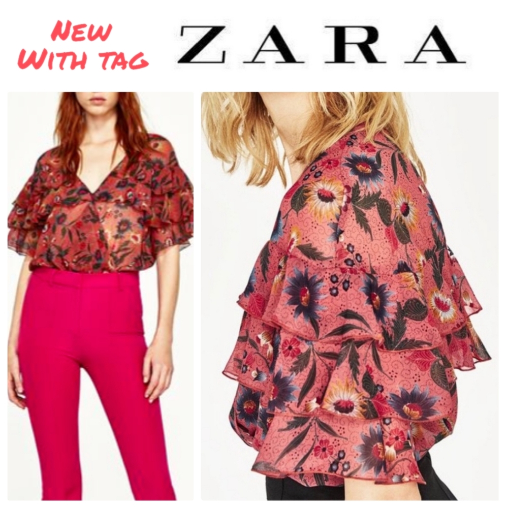 ZARA Sheer Orange Botanical Floral Print Ruffle Bodysuit, NWT